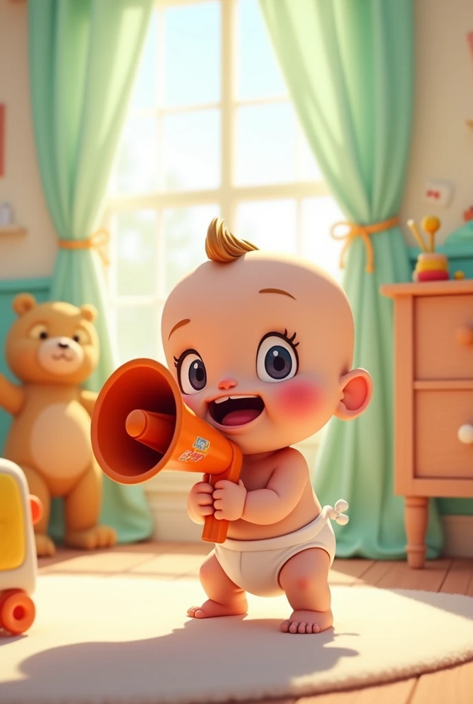 A baby holding a megaphone in catoon