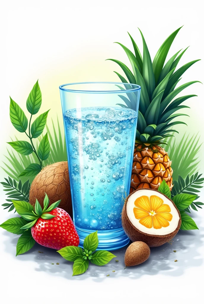 A logo for a fresh water business with fruits like strawberries, coco, Piña, passion fruit and around it alfalfa and mint leaves and in the middle there is a glass of fresh water 