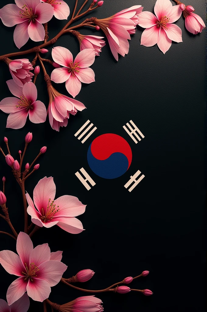 Art involving Sakura leaves and South Korea country symbol on black background