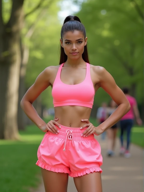 Brunette instagram influencer, 20 years old, hair tied back in a pony tail, smile, wearing light pink Lulu Lemon boy shorts with puffy area and sports bra, in a London Park, power pose, people walking around the background