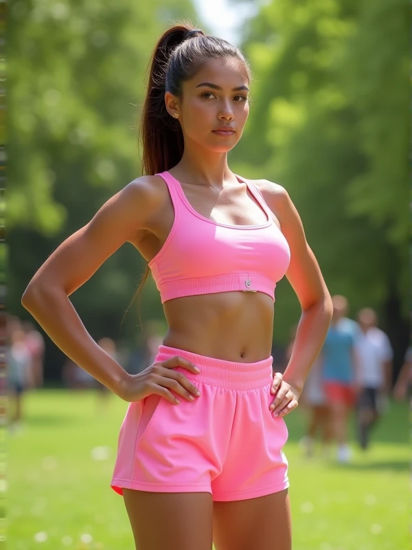 Brunette instagram influencer, 20 years old, hair tied back in a pony tail, smile, wearing light pink Lulu Lemon boy shorts with puffy area and sports bra, in a London Park, power pose, people walking around the background