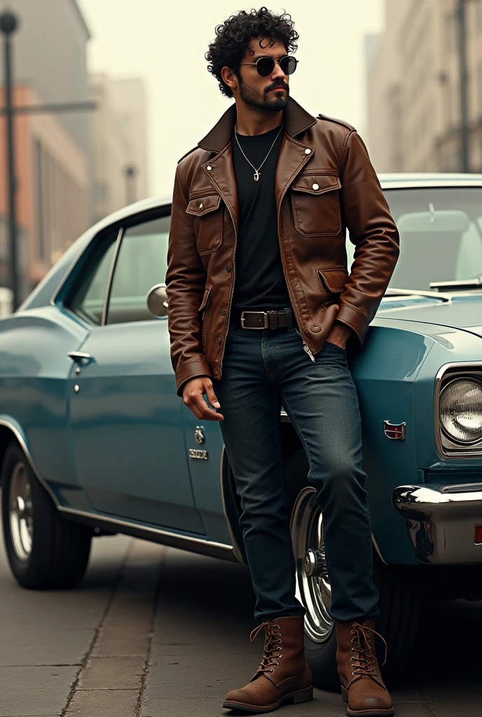 Draw a man with curly hair, goatee, leather jacket, jeans, brown boots and sunglasses near a Chevy Impala