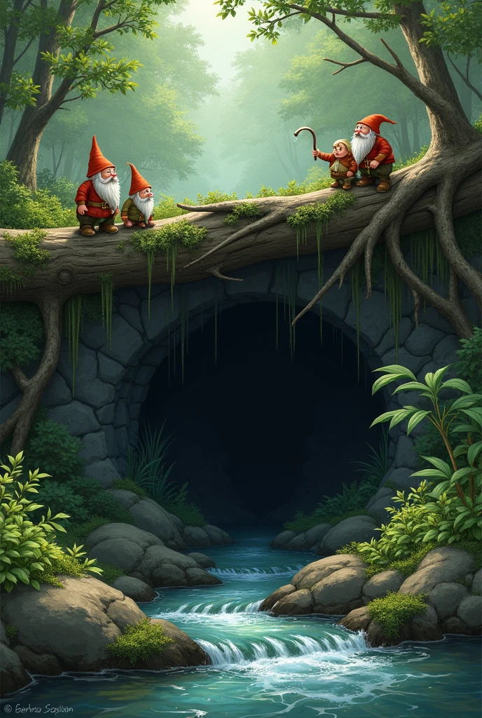A stream, some branches damming the water, beneath these branches a dark entrance, but noticeable, forest dwarves and small gnomes over the branches and into the dark passage. Only 3 characters, and the water of the stream continues to flow past the branches.