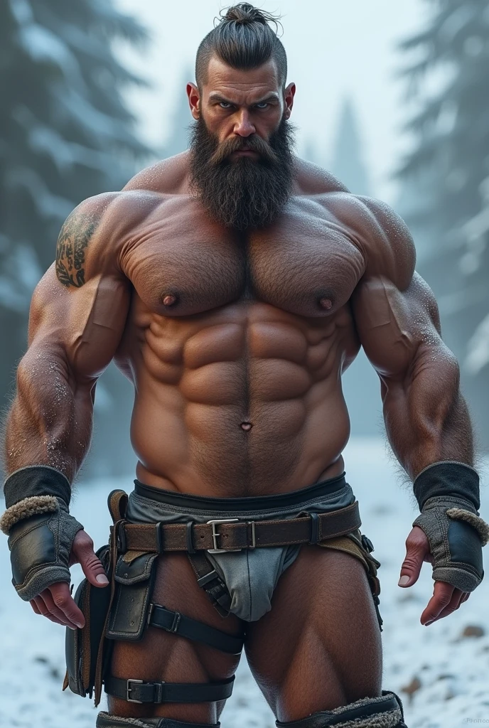 Hot man, wearing no shirt, beautiful  face, muscular chest, very large and shaped volume in the underwear, huge lump in groin, forst, sweaty lumberjack body, muscled body, hoarse, stark, sem beard, arms raised, hairty armpits