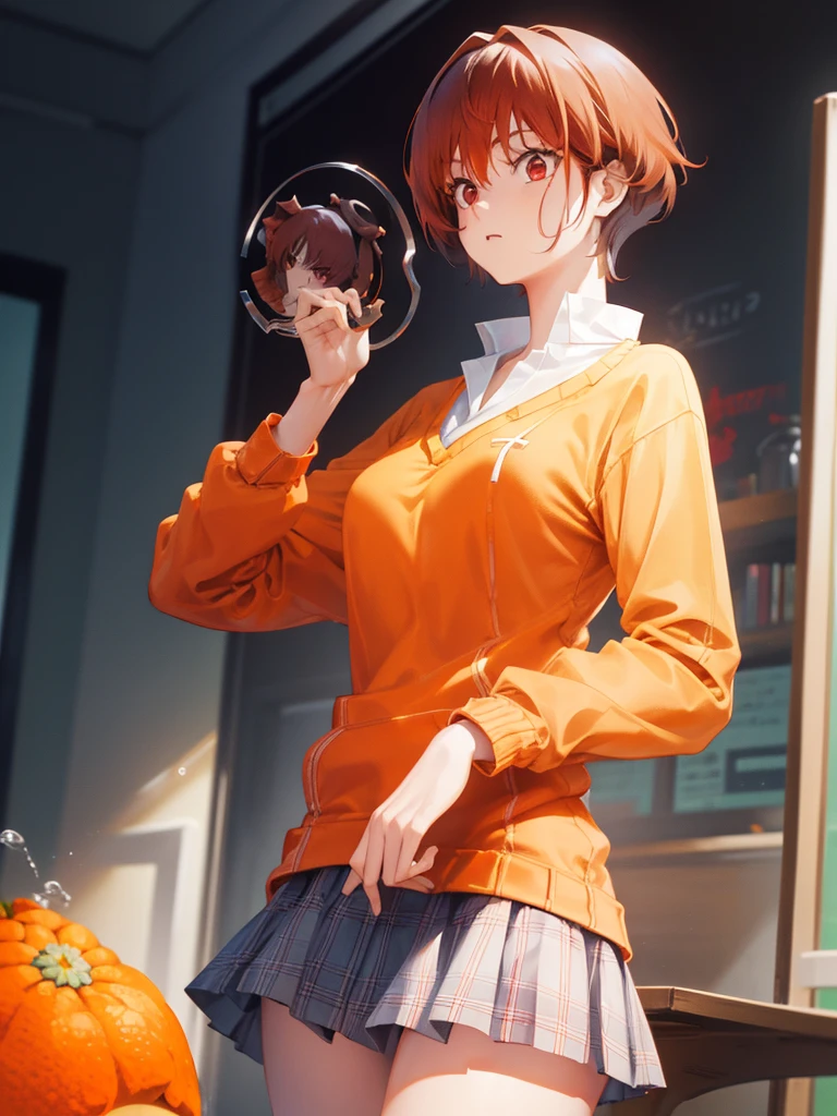 tomonanba, tomo nanba, short hair, (red hair:1.5), (red eyes:1.3), BREAK skirt, plaid, plaid skirt, sweater, long sleeves, shirt, white shirt, collared shirt, (orange sweater:1.5), BREAK indoors, classroom, BREAK looking at viewer, (cowboy shot:1.5), BREAK (masterpiece:1.2), best quality, high resolution, unity 8k wallpaper, (illustration:0.8), (beautiful detailed eyes:1.6), extremely detailed face, perfect lighting, extremely detailed CG, (perfect hands, perfect anatomy),