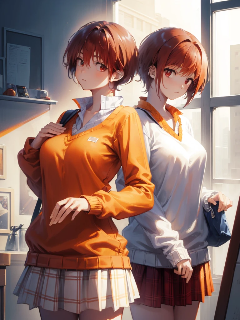 tomonanba, tomo nanba, short hair, (red hair:1.5), (red eyes:1.3), BREAK skirt, plaid, plaid skirt, sweater, long sleeves, shirt, white shirt, collared shirt, (orange sweater:1.5), BREAK indoors, classroom, BREAK looking at viewer, (cowboy shot:1.5), BREAK (masterpiece:1.2), best quality, high resolution, unity 8k wallpaper, (illustration:0.8), (beautiful detailed eyes:1.6), extremely detailed face, perfect lighting, extremely detailed CG, (perfect hands, perfect anatomy),