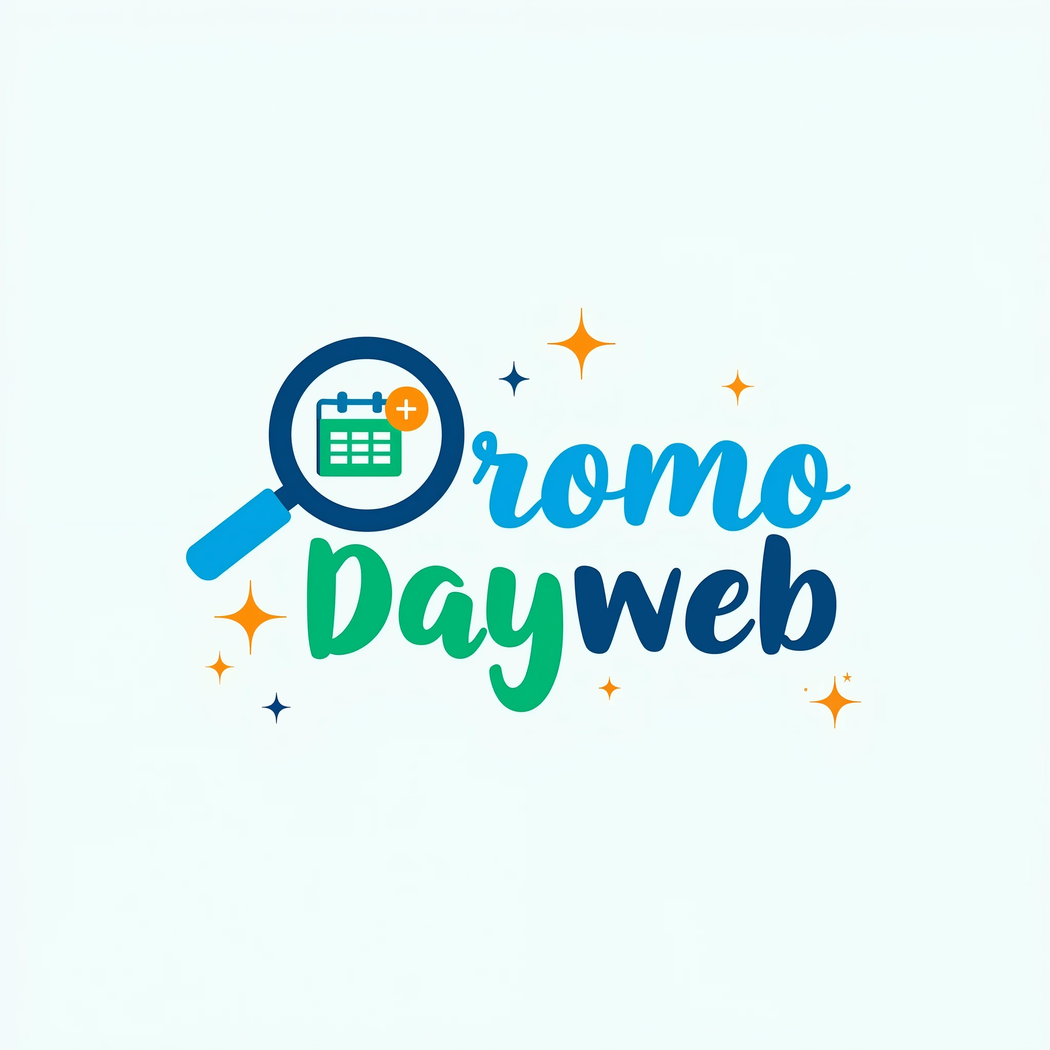 Create a vectorized and optimized logo for a page on Instagram for finds, centering a blue magnifying glass icon that conveys confidence. Subtly integrate a green calendar into the icon, symbolizing offerings. Add pops of orange to highlight essential elements. Use modern and clean typography, Highlight the word "promo" in a bold font and a touch of subtlety in "DayWeb" in a simple font. Balance text with icon, ensuring clarity and readability at different sizes, and adjust the alignment and spacing for a harmonious look.