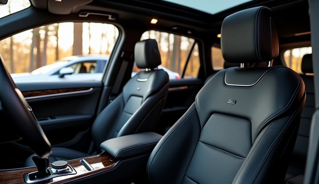 A detailed interior view of the luxurious new 2025 Skoda Kodiaq, showcasing its premium seats in an upscale showroom setting. The interior features a sophisticated design with plush, high-quality seats in elegant black upholstery, complemented by modern stitching and refined finishes. The Skoda logo is subtly embossed on the seats, emphasizing the brand's attention to detail. The vehicle's exterior can be seen from the showroom, with its sleek white finish, luxurious rims, and narrow headlamps glowing softly, visible through the expansive glass walls. The showroom itself is opulently designed with polished marble floors, stylish decor, and refined lighting, highlighting the Skoda Kodiaq's combination of comfort, modern design, and luxury.