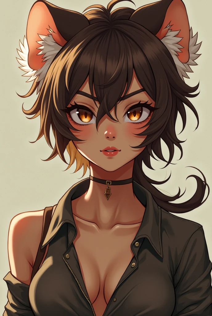 androgynous, half human, half guinea pig, seductive, cute, Brown hair, white lock, Brown eyes, brown skin, fit, street clothes, SERIOUS LOOK, docile, nobles, Peruvian, vtuber, anime