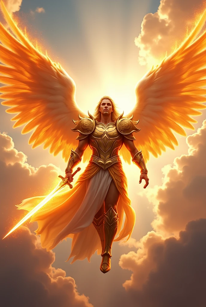 (Image in full 8K) (serafín) with 6. Alas, of appearance, human, masculine (resplendent) in the skies, with armor of (orange fire) with a (sword in flames of fire) on your waist, (bright Eyes) of great stature (imposing)