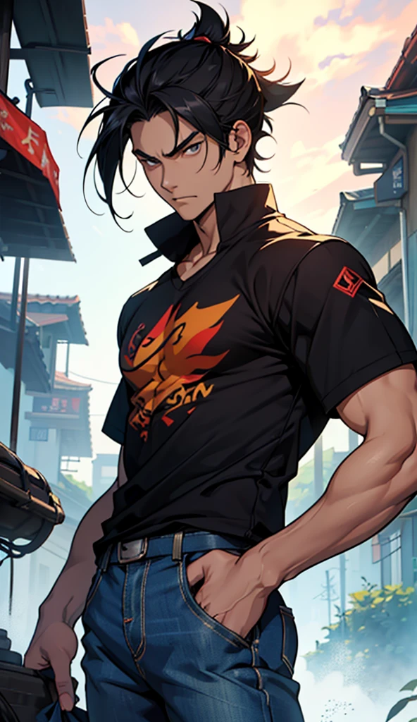 Sanraku is a young gamer, anime protagonist "Shangri-la Frontier." He has a distinctive appearance with spiky black hair., that fall lightly on your forehead. His eyes are intense and determined, reflecting your passion for games. He wears casual clothes, usually a simple t-shirt and jeans, conveying an unpretentious and comfortable image. Your physique is thin, but he is agile and well-coordinated, characteristics that stand out when he is immersed in his games. His expression often reveals enthusiasm and a slight arrogance., especially when faced with a difficult challenge, showing his competitive and confident nature.