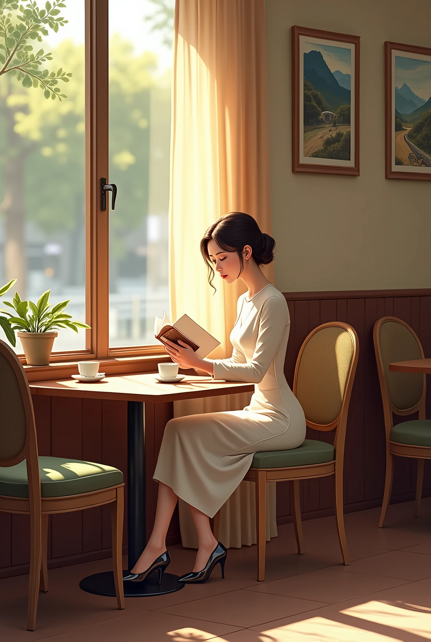 seoul, south korea, inside of small café. Some tables and chairs, landscape drawings on the wall. Sunshine through the Big window . 30’s beautiful lady with upswept hairdo is reading a book. Coffee on the table. She is only one customer in café