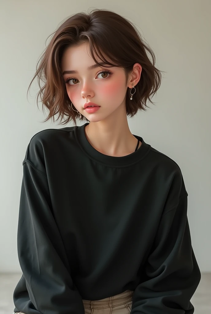 jung, with short brown wavy hair, com olhos castanhos, and mouth with gloss, Using makeup, with a black baggy shirt, and a pair of sweatpants, with a hoop earring and an eyebrow piercing
