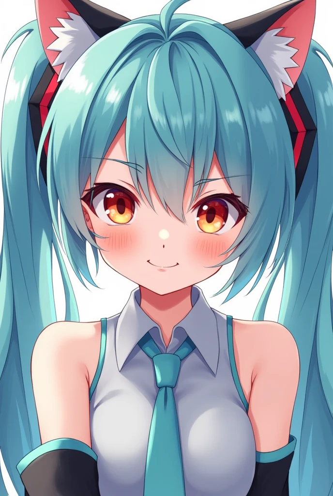Cat ear masterpiece, hatsune miku, Exposing shoulders, The sleeves are separated, Evil Smiley Face, Red eyes, Iris, Pupil orange,White One Piece Clothing、Light blue hair