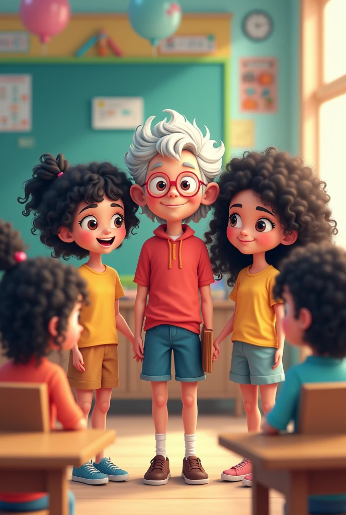 make this image with 5 girls all with long hair (3 with long dark curly hair and 2 with straight black hair) and a short old teacher with white hair, cartoon-like