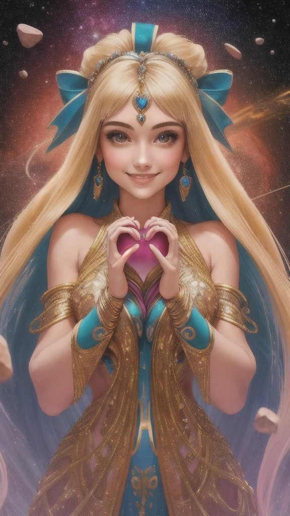 The girl holds a heart-shaped stone in front of her face with both hands., space, performer, Surreal, wonderful, Lots of details, high quality,Style-NebMagic,beautiful high resolution Sparkling love affair goddess Long Hair Fantasy wonder universe long hair High resolution, smile, ribbon,