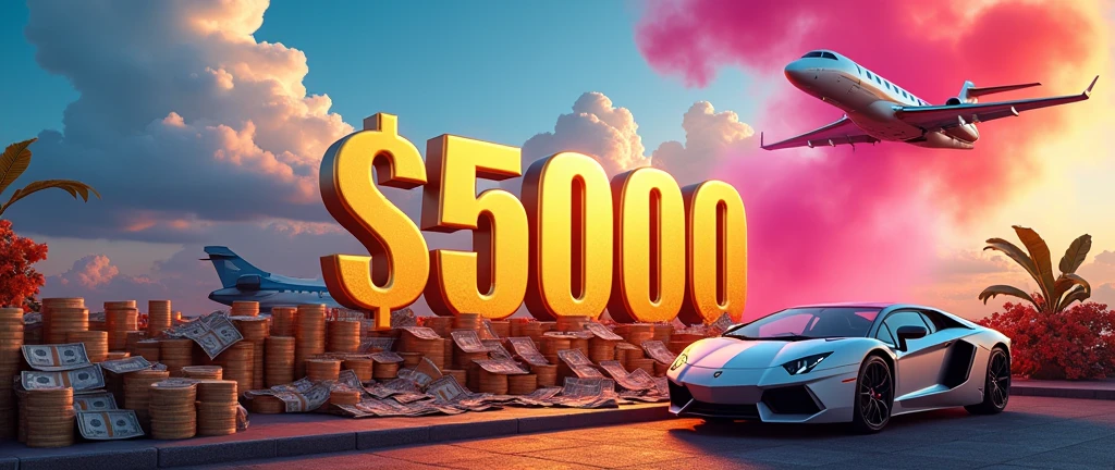 Create a banner having heading is  "  $5000 " and next down to first heading is " 7 SEP " .Background huge amount of money , luxury cars, luxury jet flying. And RGB smokes .