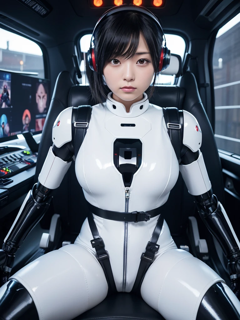 Japanese female android,Black Hair,Factory Cockpit,Secured to the seat with a thick harness,Plump,Slightly thicker,Spread your legs,Squat,Shiny white robot suit,Robotic arms and legs,Cables coming out of his chest,Surrounded by switches and monitors,