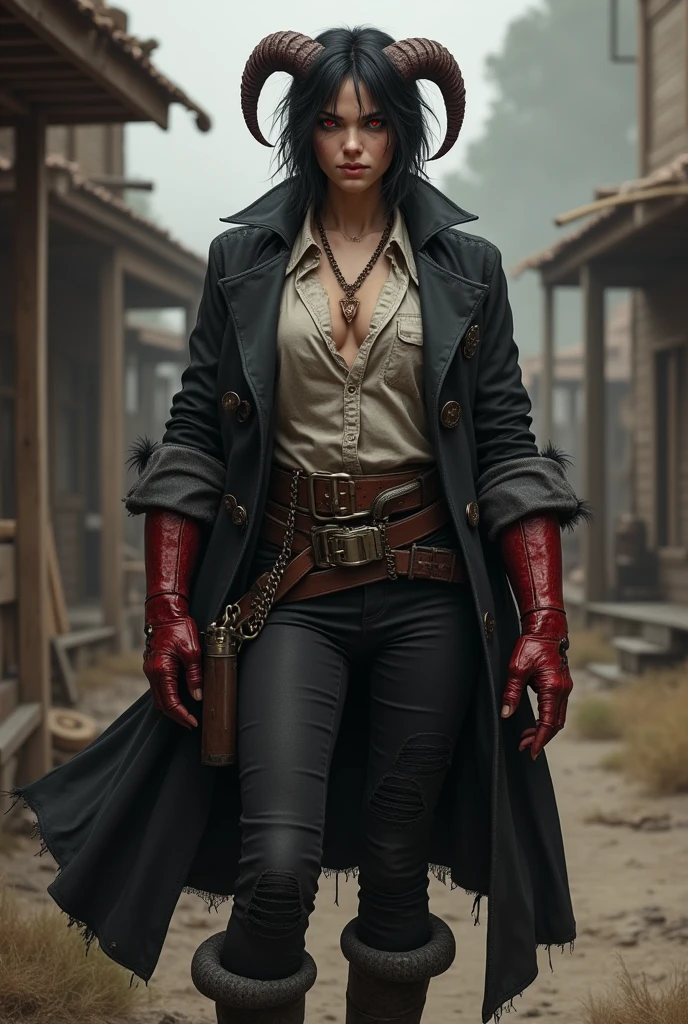 I would like a big large, strong, wide ectomorph half-orc woman, using Karlach from Baldur's Gate 3 as a body reference, and her face similar to Billie Eilish's and red eyes, short black hair, earrings, well-groomed, wearing a dress shirt with ripped sleeves, a black coat only on the shoulders, black pants, boots, a little crazy, with demon horns, and big red gauntlets on her hands. I would like her to have a mature style and for the art to be in the style of a fantasy RPG set in the Old West.