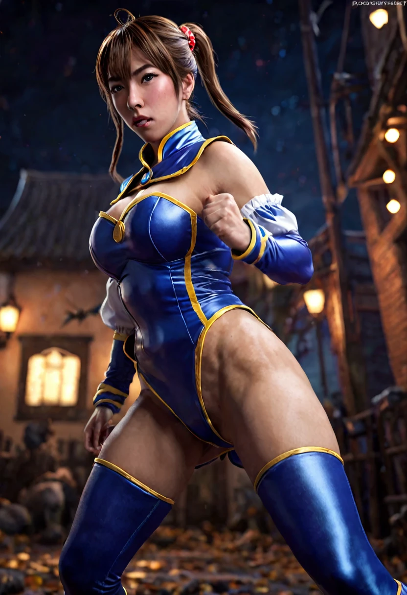 1 cute yuna, sexy chun li outfit, is in a fighting stance ready to face zombies and other terrible monsters, halloween night, view from low angle focused on her butt, (best quality,4k,8k,highres,masterpiece:1.2),ultra-detailed,(realistic,photorealistic,photo-realistic:1.37),HDR,UHD,studio lighting,ultra-fine painting,sharp focus,physically-based rendering,extreme detail description,professional,vivid colors,bokeh,dark fantasy,horror,action,battle,cinematic,dramatic lighting