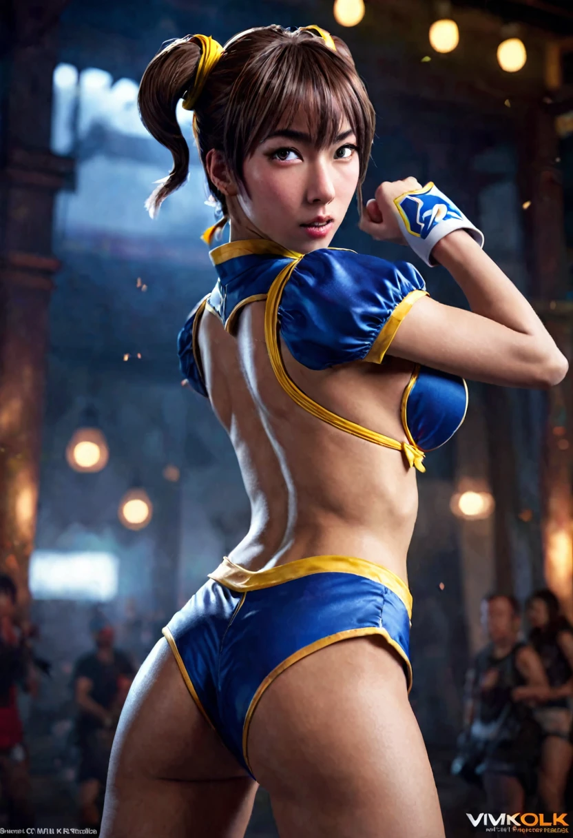 1 cute yuna, sexy chun li outfit, is in a fighting stance ready to face zombies and other terrible monsters, halloween night, view from low angle focused on her butt, (best quality,4k,8k,highres,masterpiece:1.2),ultra-detailed,(realistic,photorealistic,photo-realistic:1.37),HDR,UHD,studio lighting,ultra-fine painting,sharp focus,physically-based rendering,extreme detail description,professional,vivid colors,bokeh,dark fantasy,horror,action,battle,cinematic,dramatic lighting
