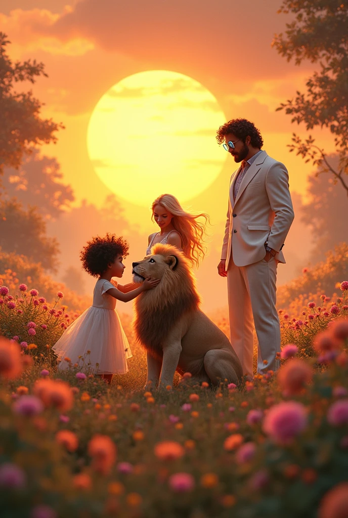 Wonderful shining sunset, with beautiful flowers in a vast and splendid Garden.

03 people in this image.

 little white, curly black hair comprido, white gown brincando com um Leão.

tall white woman, Long curly blonde hair, white gown.

tall white man, curly black hair, transparent blue glasses, white outfit.

Beautiful plaque written: Happy Saturday.