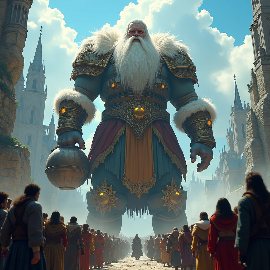A colossal, ancient giant with a long white beard towers over a medieval city. He wears intricately detailed fur-lined armor adorned with glowing magical orbs and carries a large jug. Behind him looms an ornate cathedral with spires reaching into a cloudy blue sky. At his feet, a diverse crowd of people in colorful medieval attire gathers in awe. The scene is set against a backdrop of steep cliffs and ornate fantasy architecture.8k, depth of field, bokeh, sharp focus, Deep Focus, f/22, Cinematic film still, Arri Alexa 35, film grain, color graded, post-processed, cinematic lighting, 35mm film, best quality.