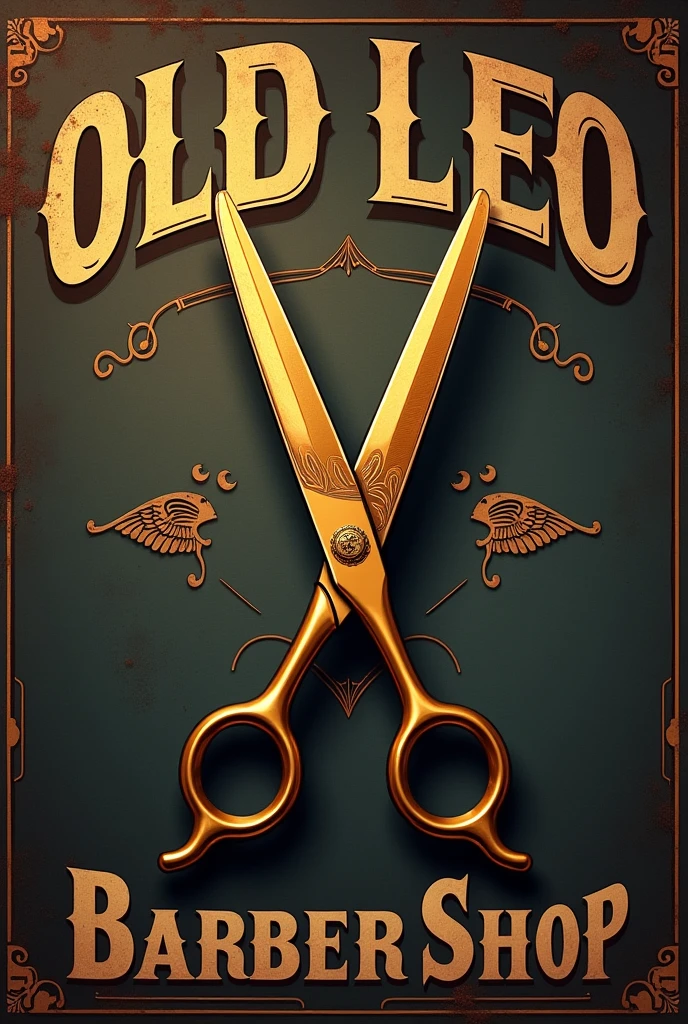 Art for the business card of a barber shop called, Old Leo barber shop, from se 2020, the logo is a golden scissors
