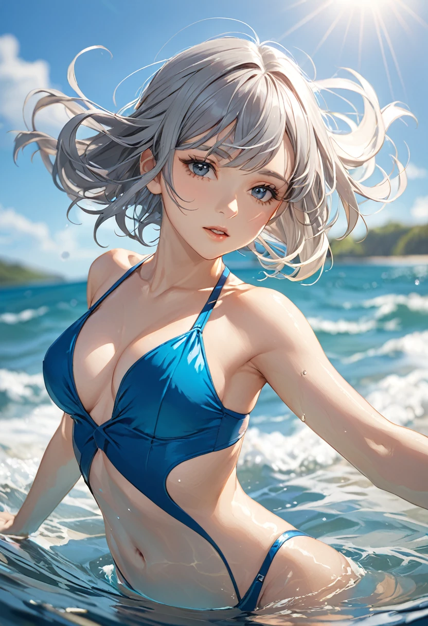 a girl swimming in the ocean, wearing a revealing swimsuit, with blue sky and blurred background, sunlight on her body, shallow depth of field, grey hair, detailed facial features, raised arms, medium-sized breasts, exposed navel, outdoor scene