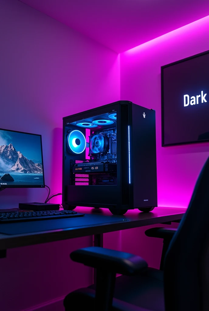 Gaming room with gaming PC background color purple on wall name dark