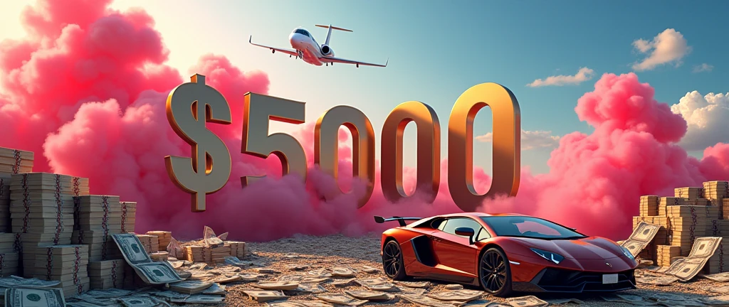 Create a banner having heading is " $5000 " and next down to first heading is " 7 SEP " .Background huge amount of money , luxury cars, luxury jet flying. And RGB smokes .