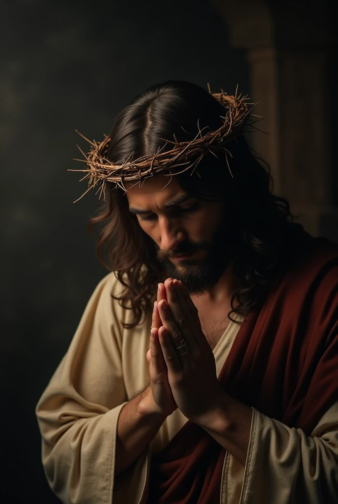 A solemn image of Jesus Christ wearing a crown of thorns, praying with a deeply contemplative and peaceful expression. His hands are clasped together in prayer, and his eyes are slightly closed as he looks downward. The background is dark and moody, with soft light highlighting Jesus' face and upper body, emphasizing the emotion and intensity of the moment. The image should convey a sense of spiritual depth and reverence.
