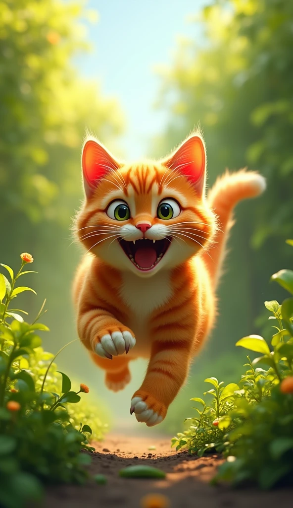 An orange cate running happiluly in the bushes