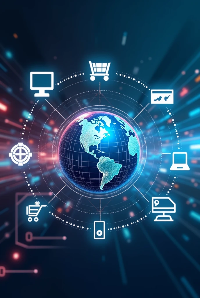 Represent an image that shows the transformation of the economy towards a model based on information with icons that symbolize electronic commerce, globalization and political interconnection.