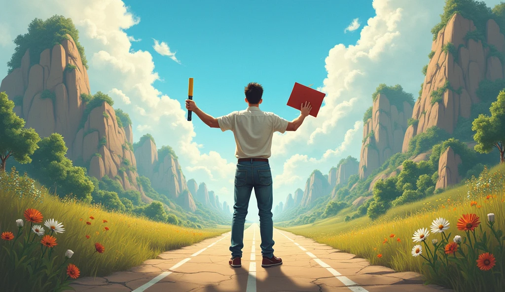 "Choosing a future based on what’s real"
A figure holding a diploma in one hand and a set of tools and certificates in the other, surrounded by a vibrant, open landscape filled with opportunities, illustrating the freedom to choose a personal path to success.