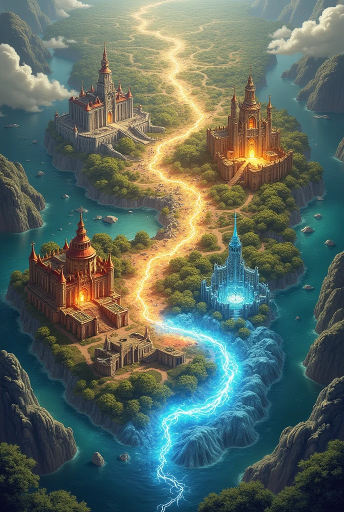 Horizontally the image of four kingdoms on the map separated ar, fire, water and lightning 