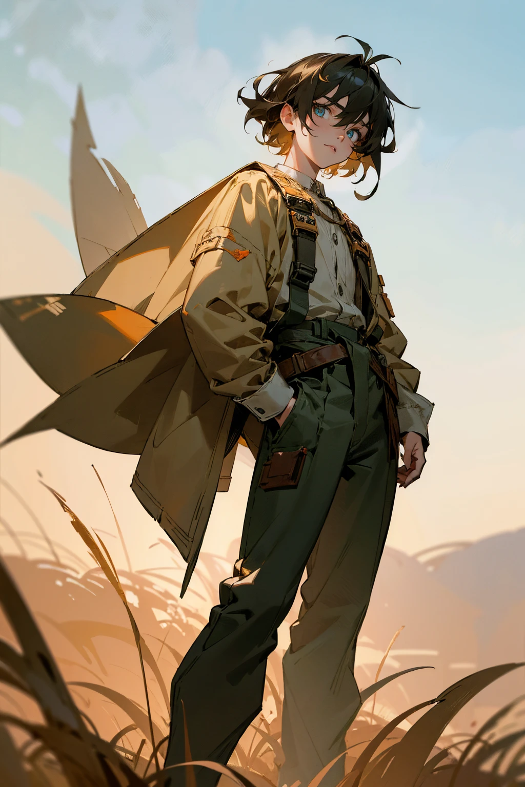 Masterpiece Quality, Perfect Generation, Sclera, Detailed Eyes, Skin,  Short Highlights Hair, , Random Clothing, Random Expression, , Plains Background, Full Body, Clothed, Hair Tie, Mad, Standing, strong, , eyes, , masculine, Hand On Waist, , goggles, , goggles on face, scars, 
