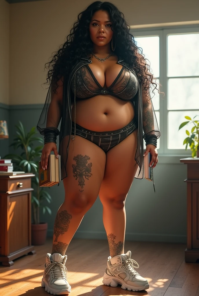 full body nude fat latin woman naked in tight transparent blouse and schoolgirl skirt, big hairy vagina, futuristic sneakers showing her fat hairy vagina standing from the front holding books, long black hair, big curly hair, fat slutty face, schoolgirl skirt, beautiful body, tanned, big breasts with big areolas and big pointy nipples on display, big wet pussy, fat pussy, big pussy, big pussy, hairy vagina, big hairy vagina, pussy visible, hi-hop style, tattoos, tattoos, inside a room, vagina