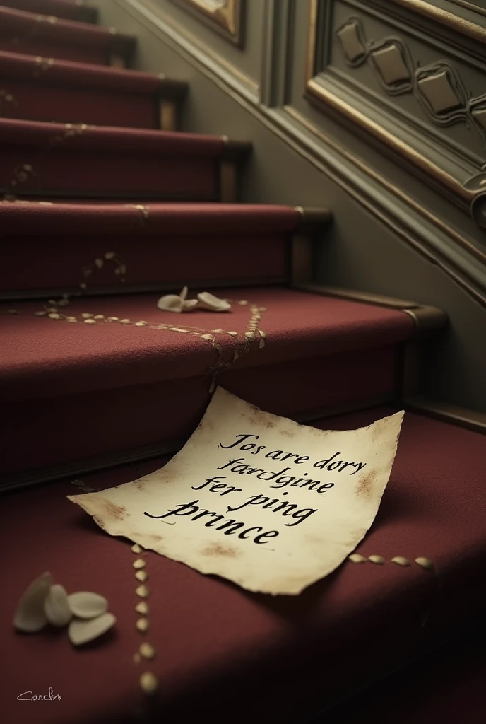 casually written note "Darling Prince" fallen on the step of a staircase