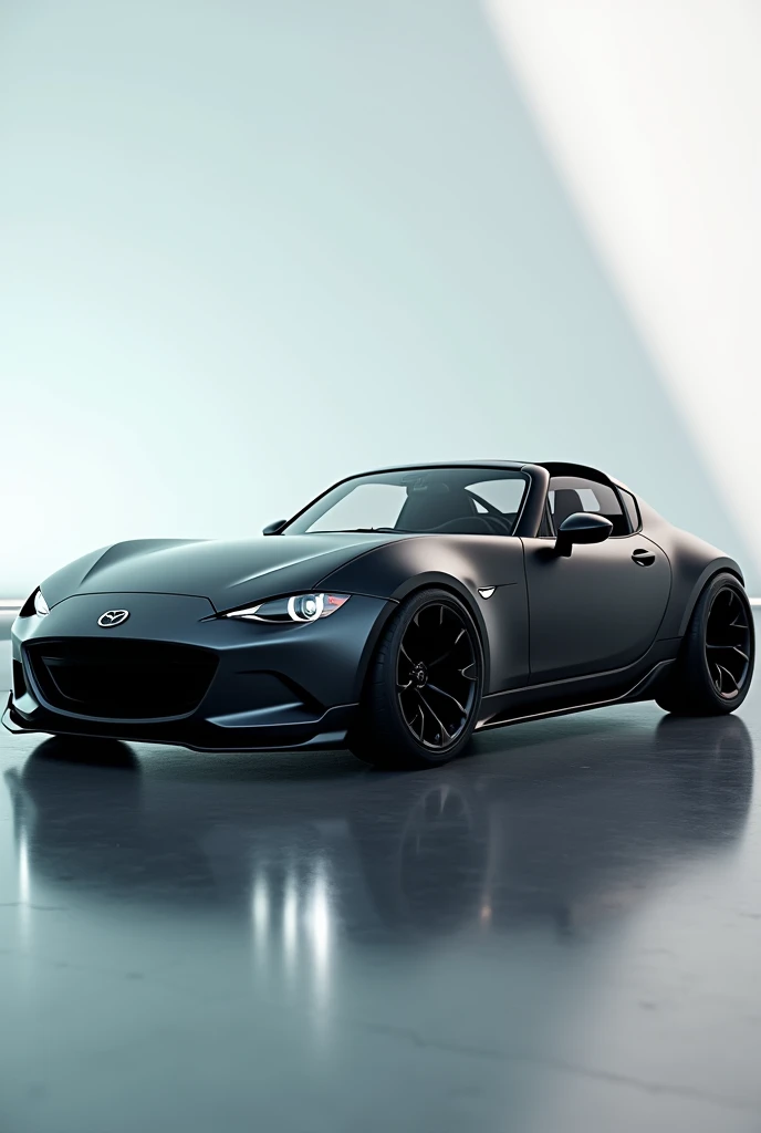 Mazda MX5 futuristic glass roof very wide wheels matte black color wider at the rear and a more aggressive style
