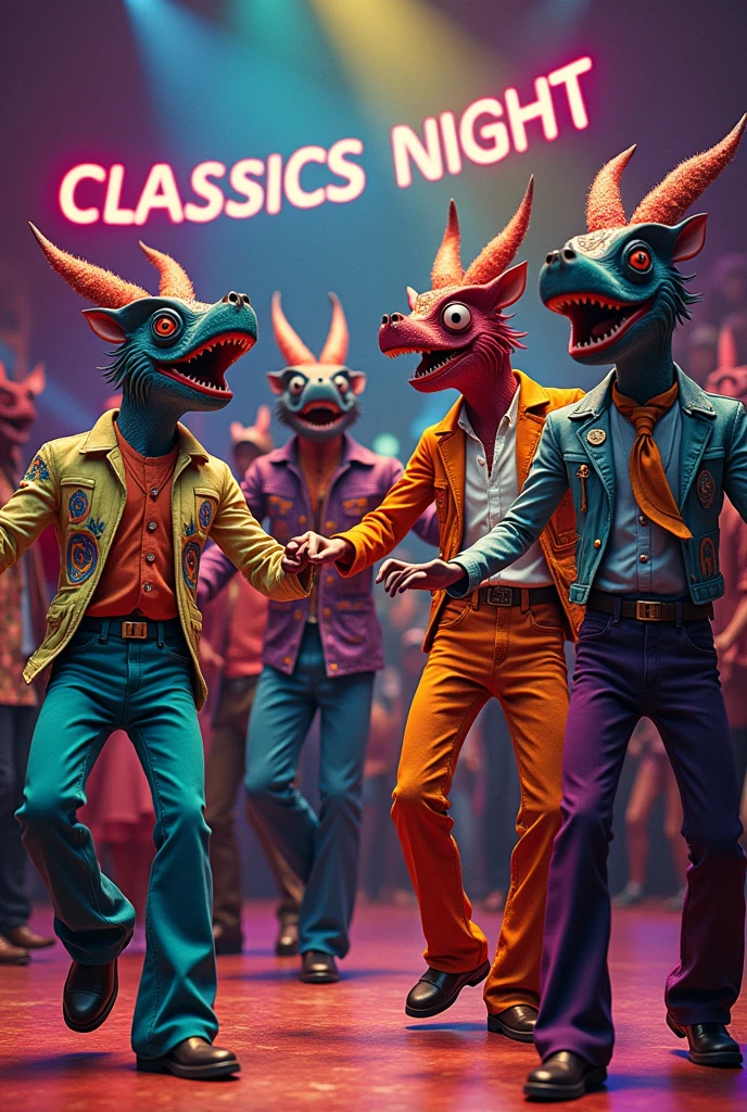 People dancing from the 70s with the name ALEBRIJE and that also says classics night, put classics night in letters, put classics night that also has the word ALEBRIJE and that they are real people that appear as men, I also want people of the male sex to appear