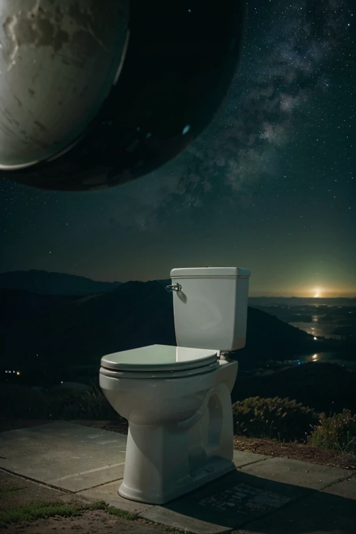 Toilet in on a beautiful green planet. In the background is space and the globe can be seen. You can see the galaxy and comet showers.