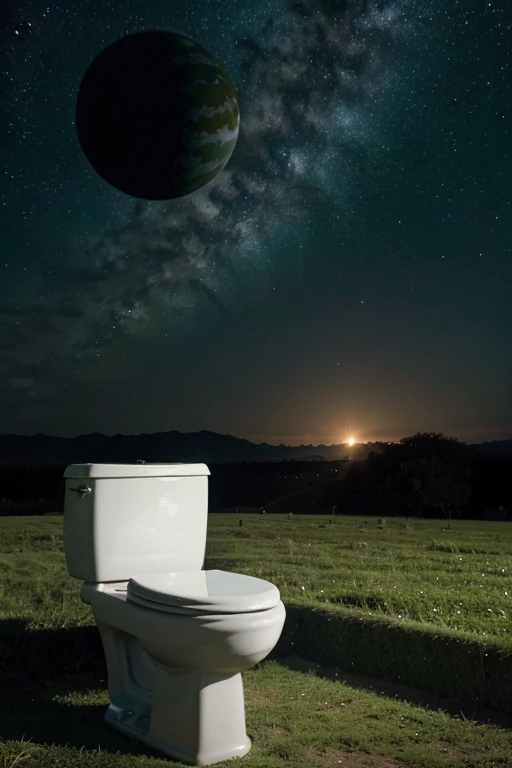 Toilet in on a beautiful green planet. In the background is space and the globe can be seen. You can see the galaxy and comet showers.
