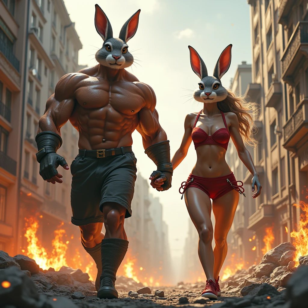 Male Rocky Rabbit with a six-pack body and a tall body destroys the city of Paris, holding the hand of a tall female Rocky Rabbit in shorts and a red bra, they walk through the burning and collapsing buildings.