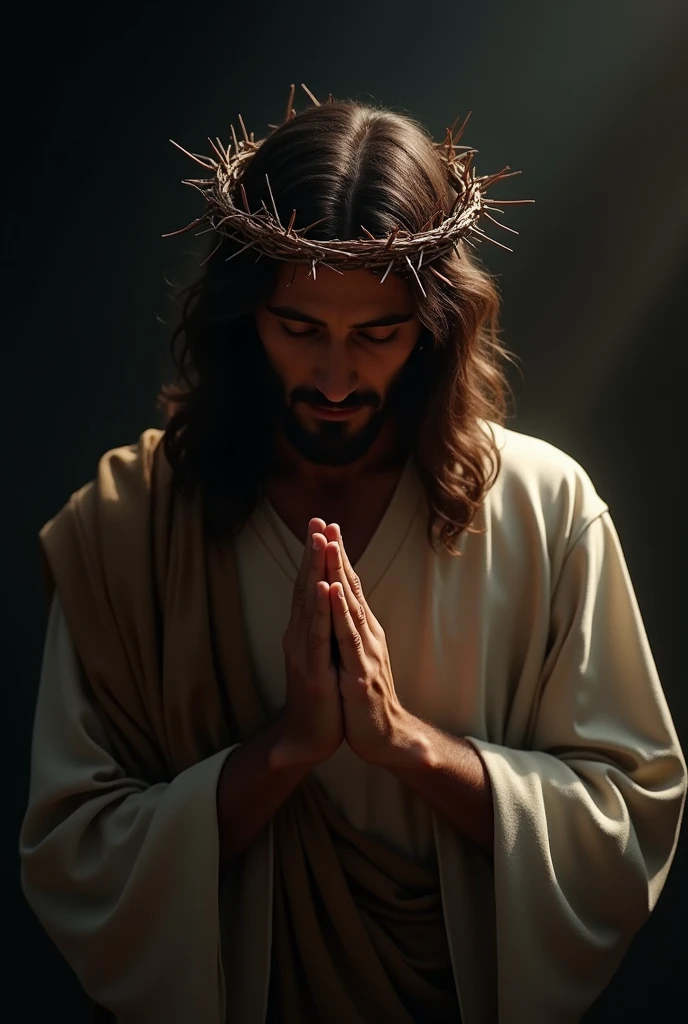 A solemn image of Jesus Christ wearing a crown of thorns, praying with a deeply contemplative and peaceful expression. His hands are clasped together in prayer, and his eyes are slightly closed as he looks downward. The background is dark and moody, with soft light highlighting Jesus' face and upper body, emphasizing the emotion and intensity of the moment. The image should convey a sense of spiritual depth and reverence.