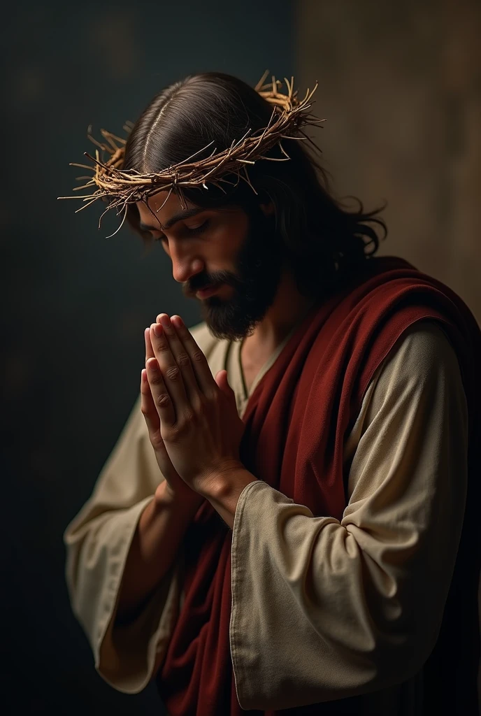 A solemn image of Jesus Christ wearing a crown of thorns, praying with a deeply contemplative and peaceful expression. His hands are clasped together in prayer, and his eyes are slightly closed as he looks downward. The background is dark and moody, with soft light highlighting Jesus' face and upper body, emphasizing the emotion and intensity of the moment. The image should convey a sense of spiritual depth and reverence.