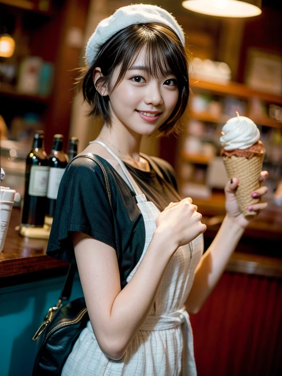 fairy tale、short pixie cut hair、Ice cream shop clerk、She is wearing the store uniform and a cute hat..、1 female、1Girl clerk、Looking into the camera、smile、Finish as shown in the picture、her skin is white and beautiful、Colored inside、Perfect lighting、Perfect body、Sharp focus、High resolution、High resolution、High color rendering、High resolution、Ultra-realistic、Photorealistic、See 4 books