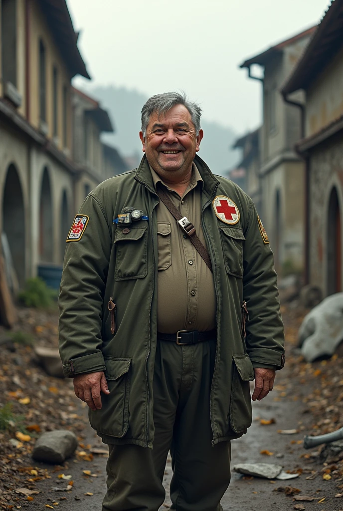 photo réaliste, médecin 60 ans cheveux grisonnant 1m70, 100kg, visage rond et jovial, badge animaux, que vêtements survivaliste avec croix rouge. Décors ruine de village alsacien