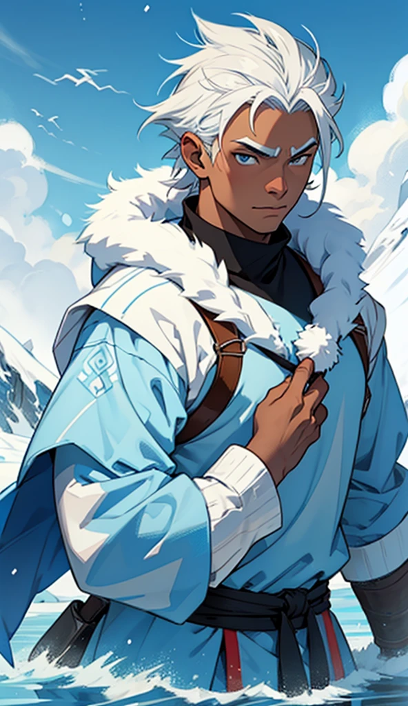 A boy character from the water tribe in the animation the legend of aang, darkskin, White hair, winter clothing, whole body, polar bear fur clothes