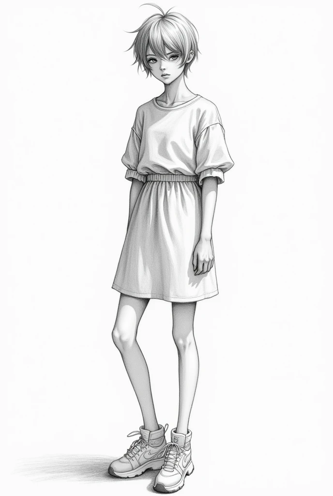 Pencil drawing of short hair aesthetic girl with full body